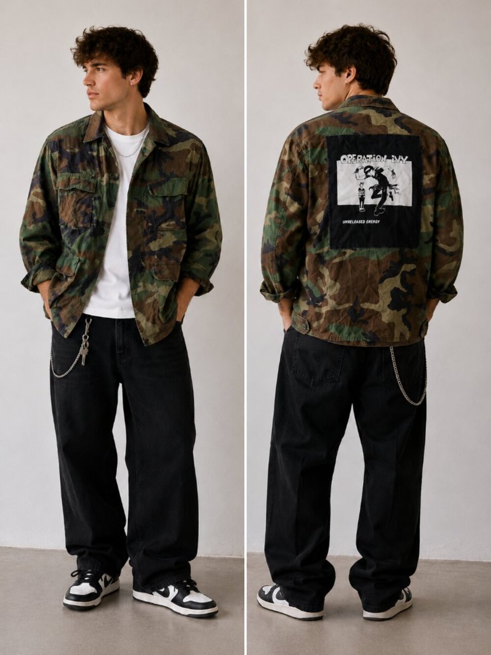 Men’s Woodland Camo Military Field Jacket Operation Ivy Punk Patch Commando
